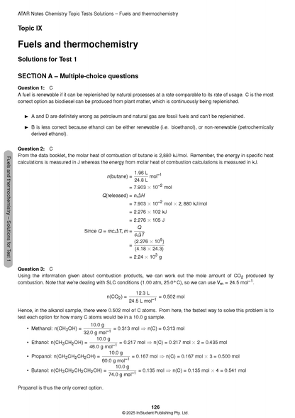 VCE Chemistry 3&4 Topic Tests by ATAR Notes, a page displaying solutions for Test 1 'Fuels and thermochemistry' with formulas and calculations.