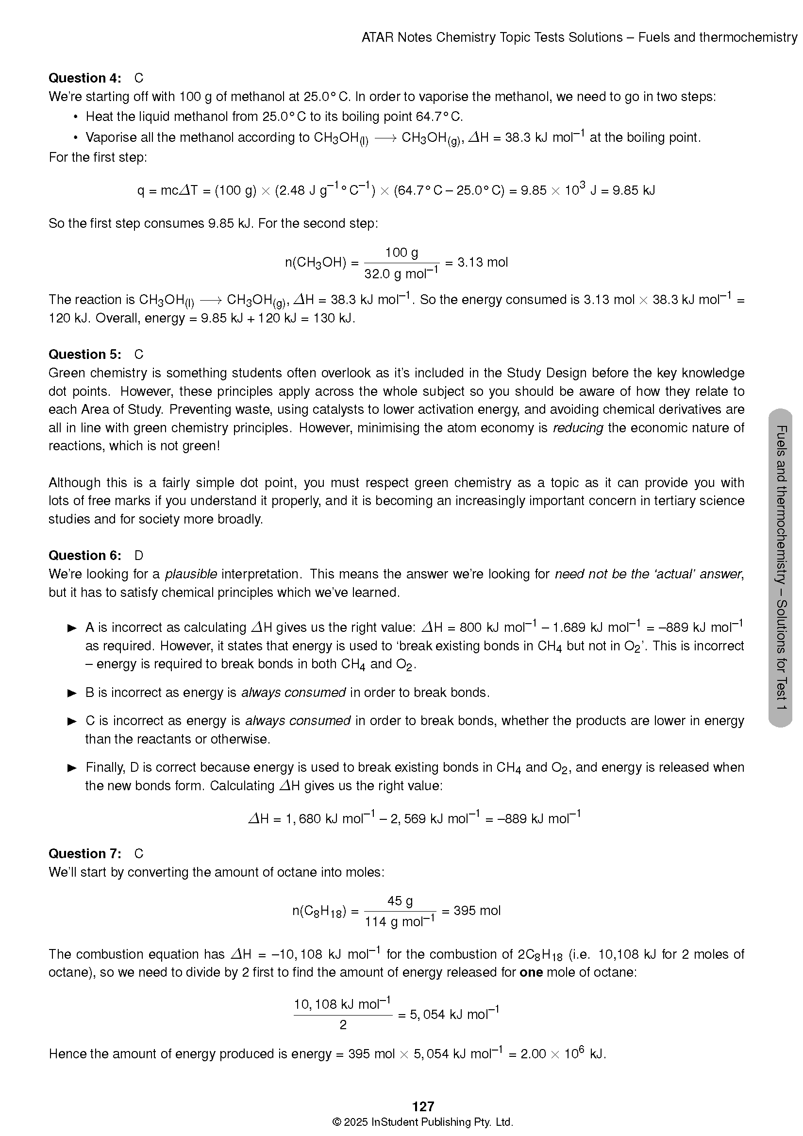 VCE Chemistry Topic Tests (2025-2027) by ATAR Notes, a white page showing questions and solutions with a grey sidebar.