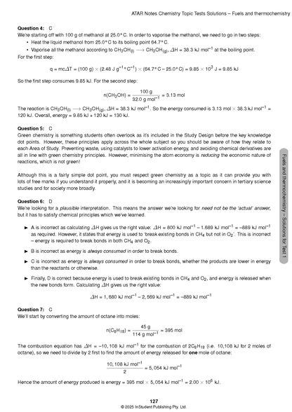 VCE Chemistry Topic Tests (2025-2027) by ATAR Notes, a white page showing questions and solutions with a grey sidebar.