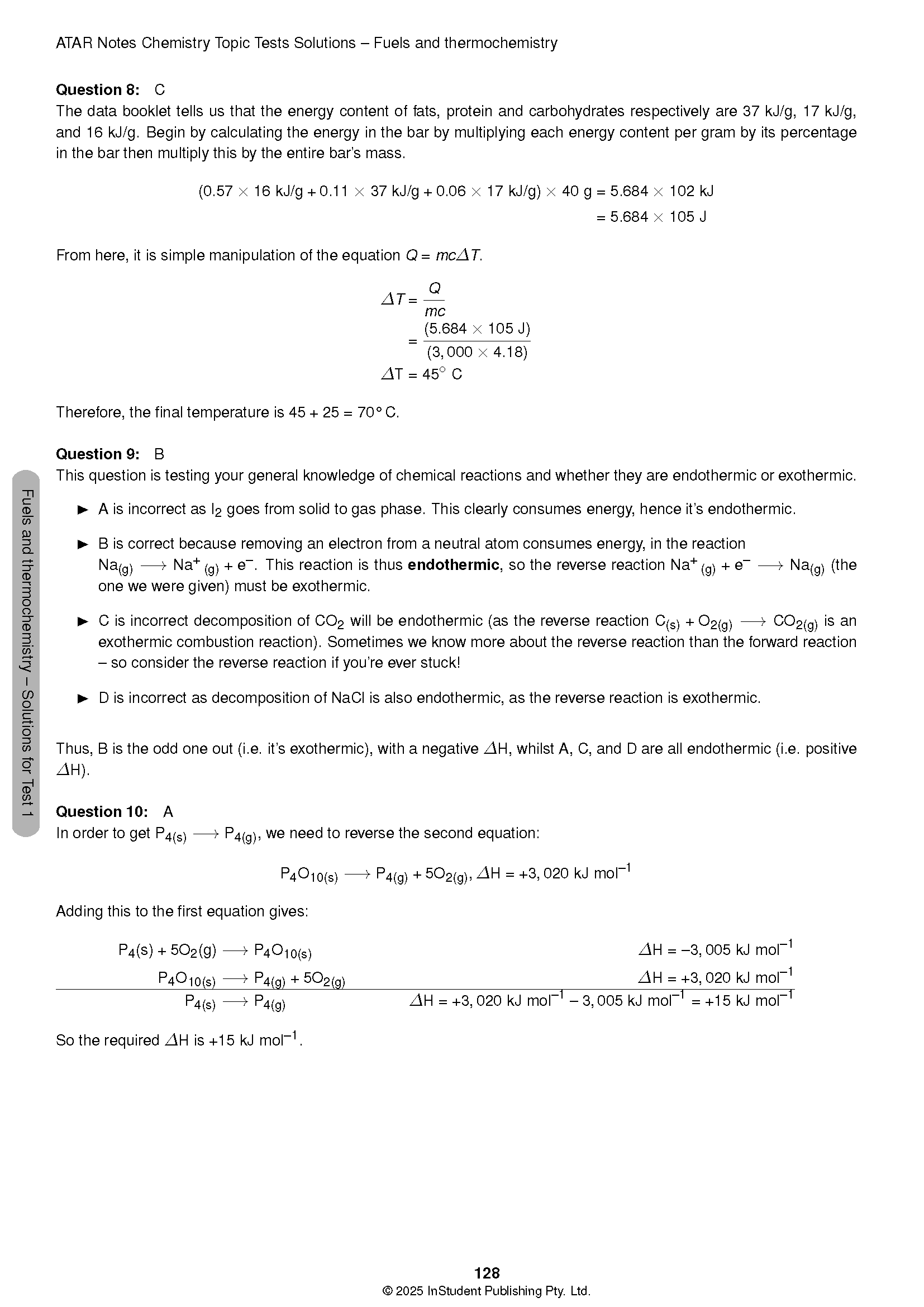 VCE Chemistry Topic Tests by ATAR Notes, a page of solutions to chemistry questions covering fuels and thermochemistry.