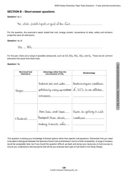 Topic Tests solutions page from ATAR Notes, showing chemistry questions, handwritten answers, and explanatory text.