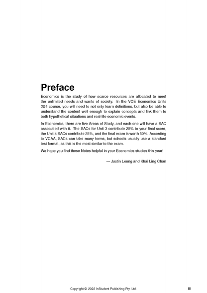 White VCE Economics Course Notes page by ATAR Notes, displaying the 'Preface' title and introductory text.