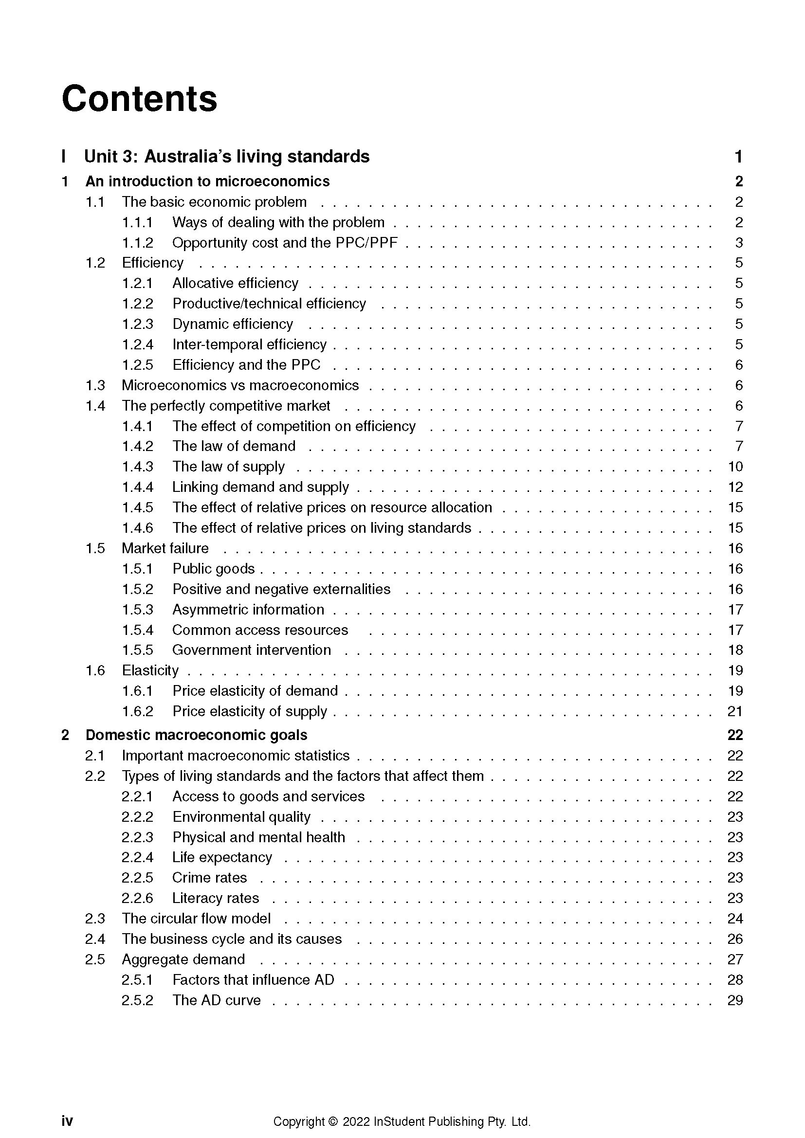 VCE Economics Complete Course Notes by ATAR Notes, displaying the table of contents with copyright notice.