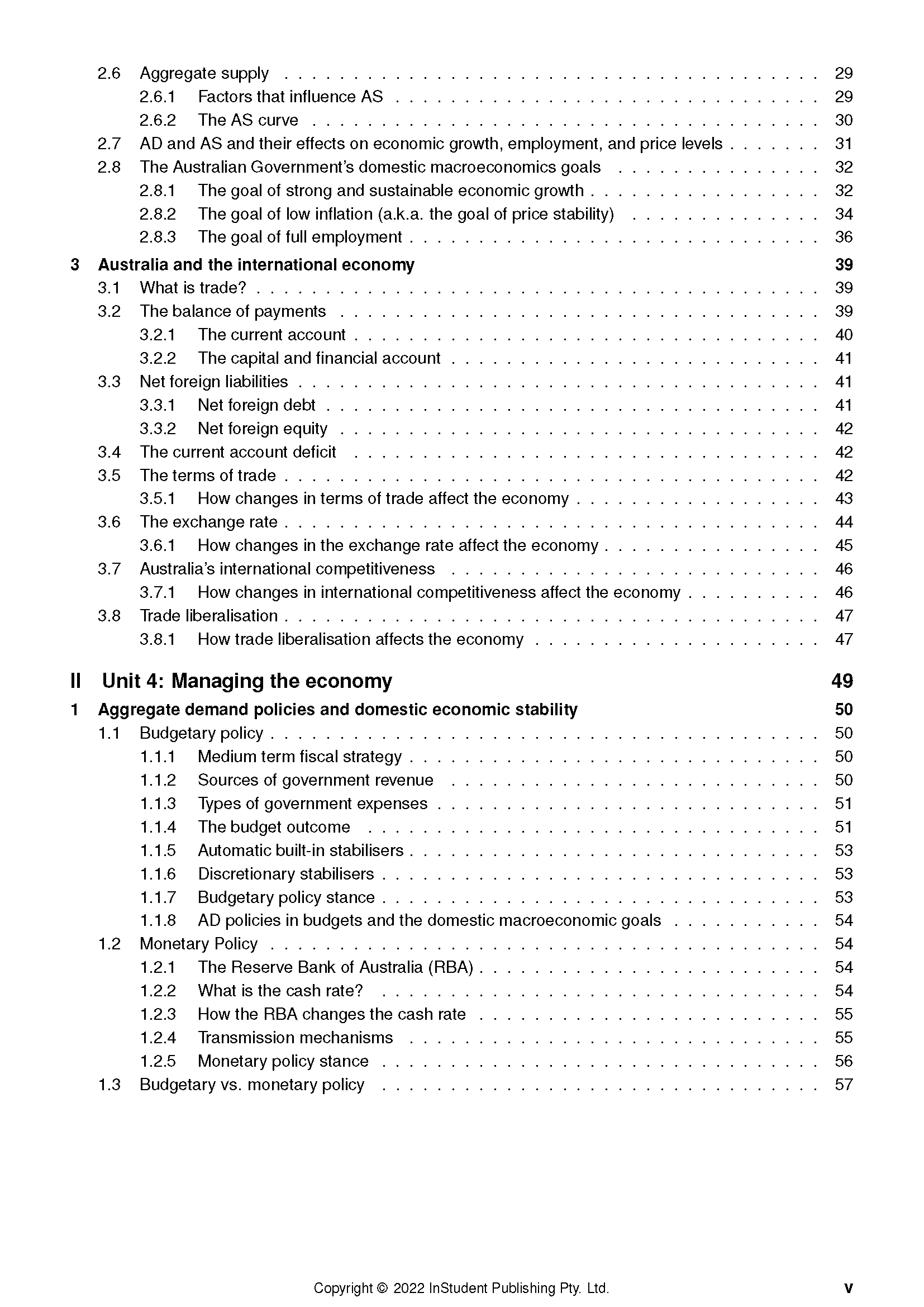 Course notes by ATAR Notes, showing a table of contents page with economics topics and corresponding page numbers.