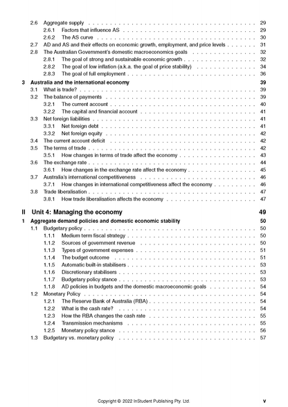 Course notes by ATAR Notes, showing a table of contents page with economics topics and corresponding page numbers.