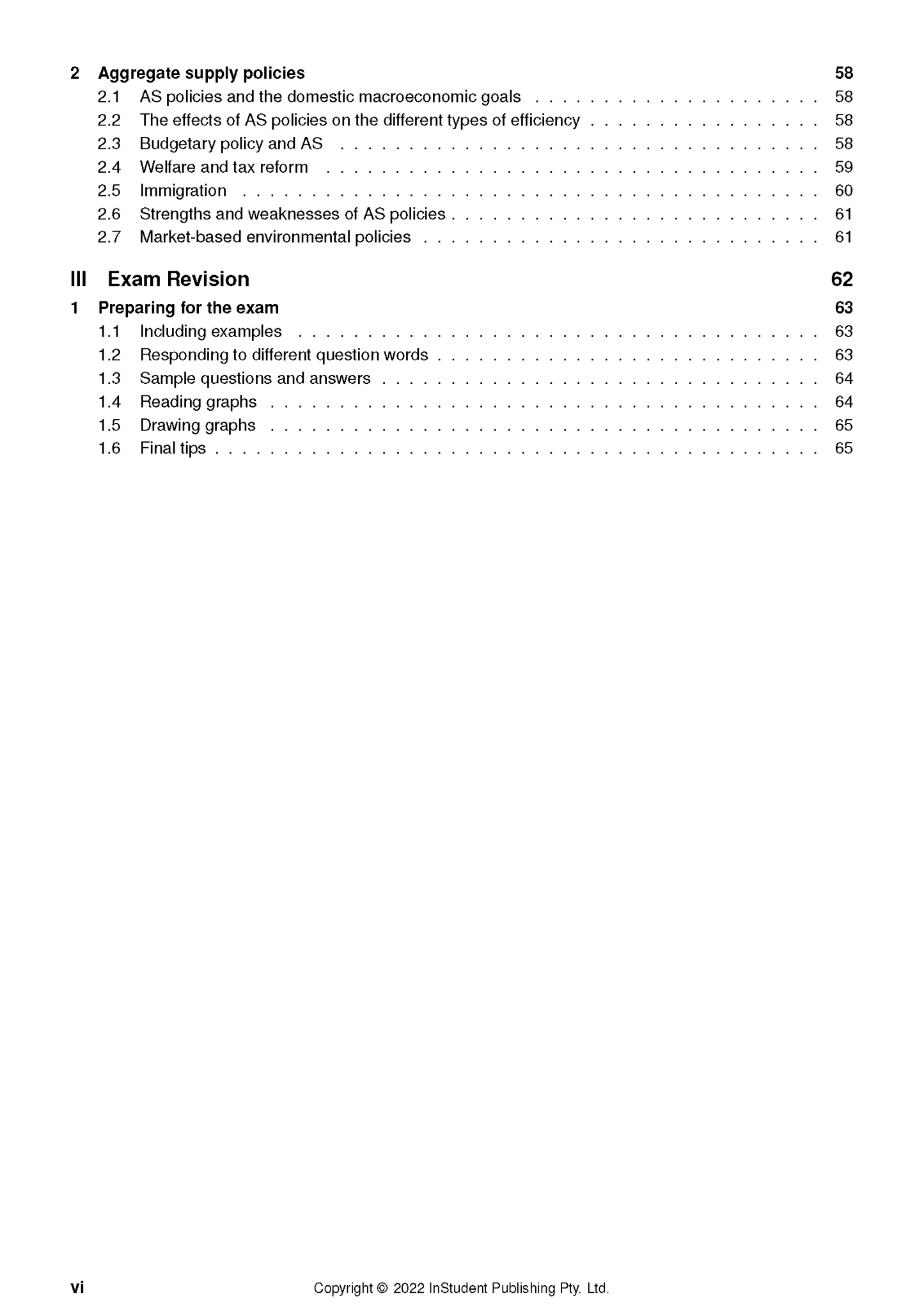 Table of contents from Course Notes by ATAR Notes, featuring sections on supply policies and exam revision with page numbers.