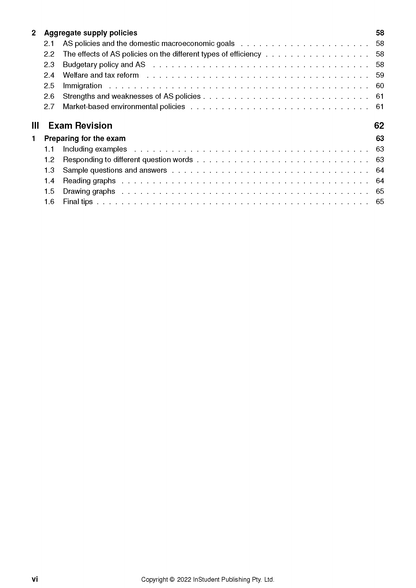 Table of contents from Course Notes by ATAR Notes, featuring sections on supply policies and exam revision with page numbers.