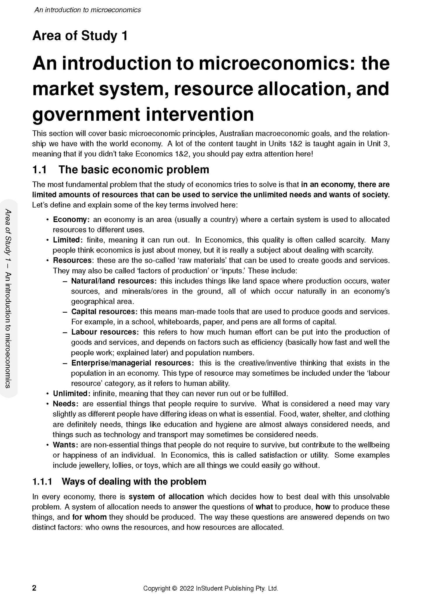 VCE Economics 3&4 course notes by ATAR Notes, showing a page with microeconomics introduction and economic problem definitions.