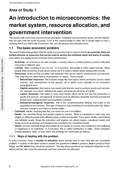 VCE Economics 3&4 course notes by ATAR Notes, showing a page with microeconomics introduction and economic problem definitions.