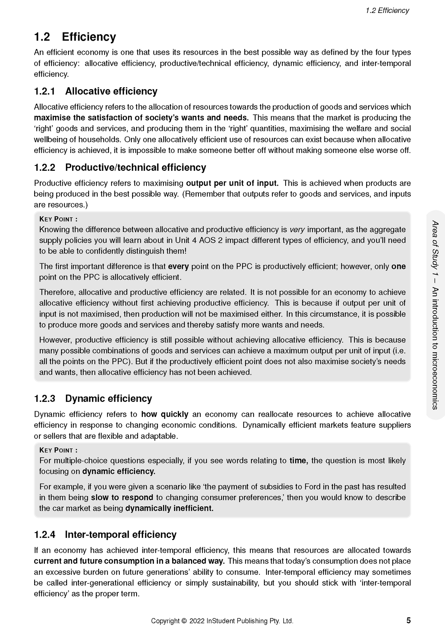 White page course notes by ATAR Notes, cropped view showing 'Efficiency' sections with bold headings and a grey 'KEY POINT' box.