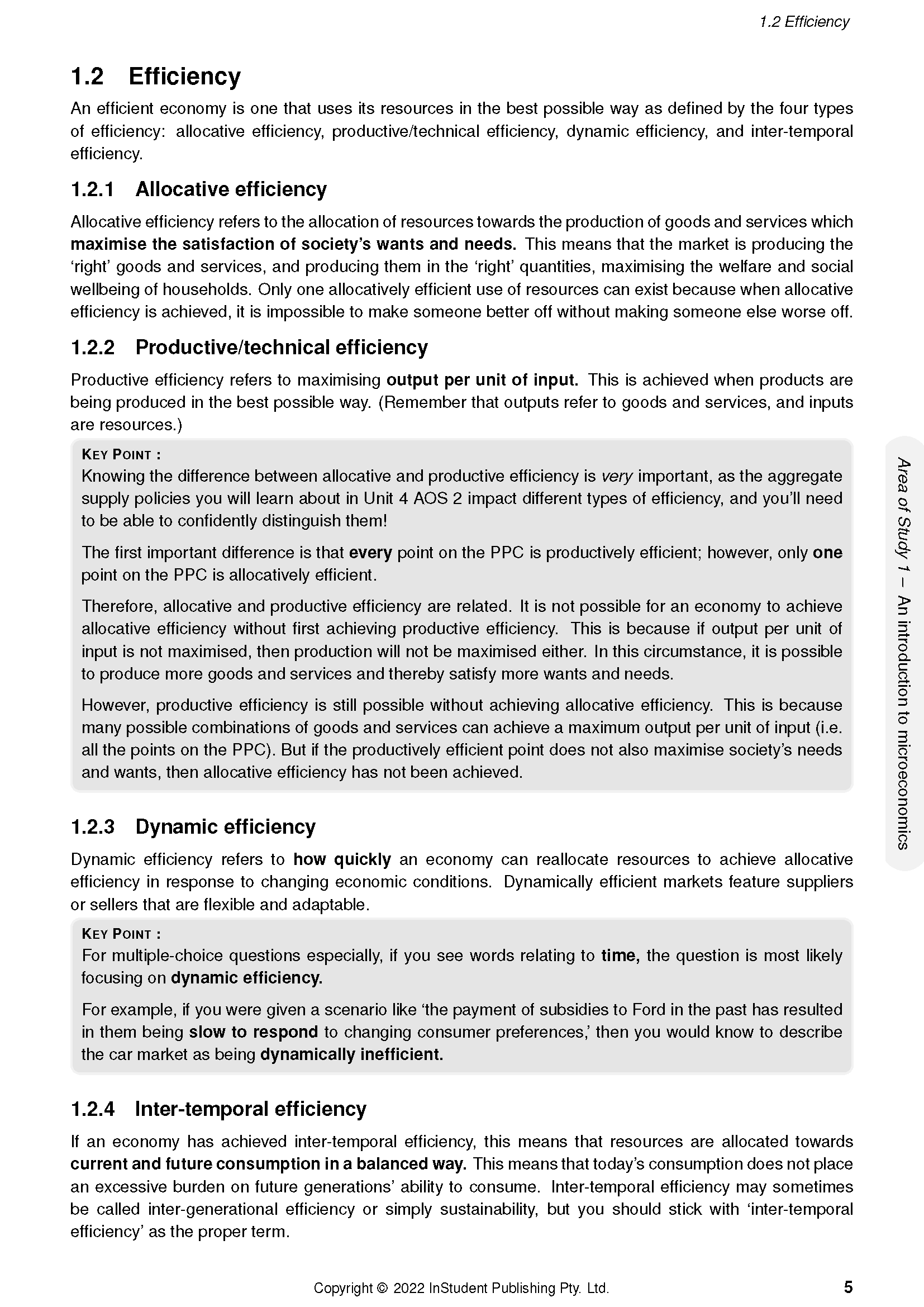White page course notes by ATAR Notes, cropped view showing 'Efficiency' sections with bold headings and a grey 'KEY POINT' box.