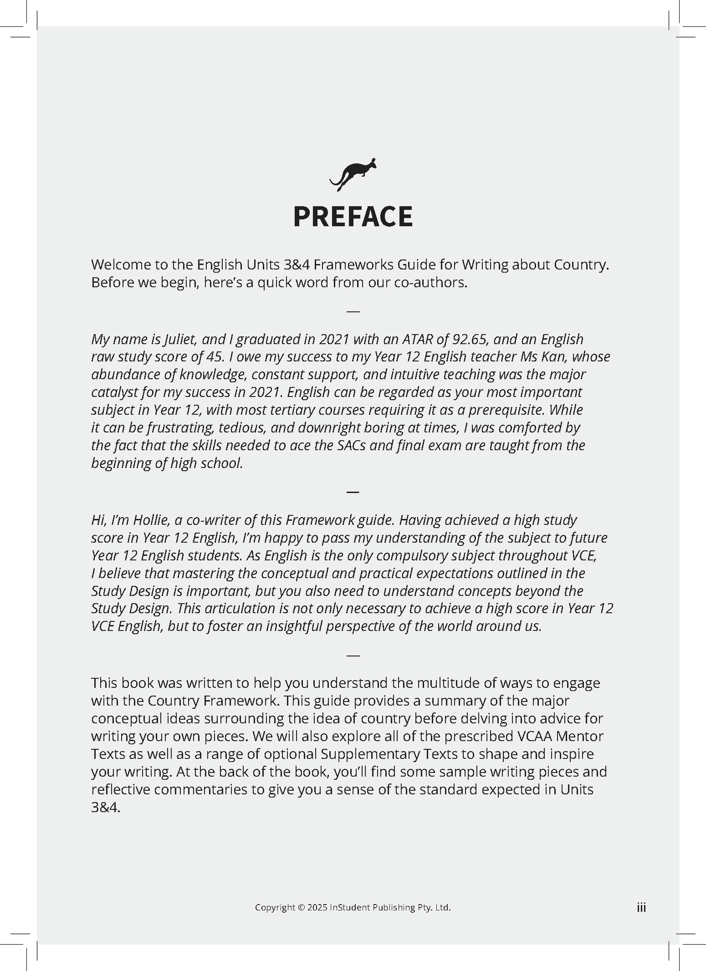 White English Frameworks Guide book page by ATAR Notes with a black kangaroo logo, 'PREFACE' title, and introductory text.