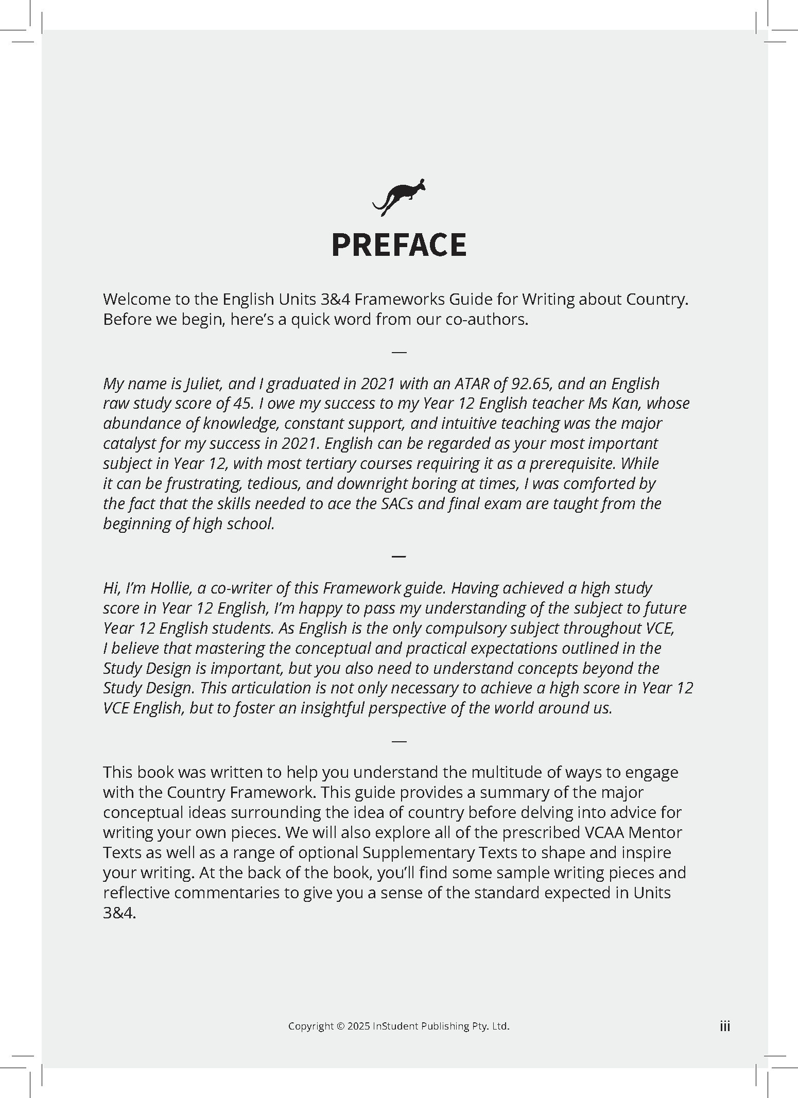 White English Frameworks Guide book page by ATAR Notes with a black kangaroo logo, 'PREFACE' title, and introductory text.