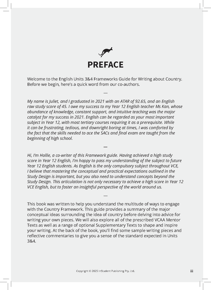 White English Frameworks Guide book page by ATAR Notes with a black kangaroo logo, 'PREFACE' title, and introductory text.