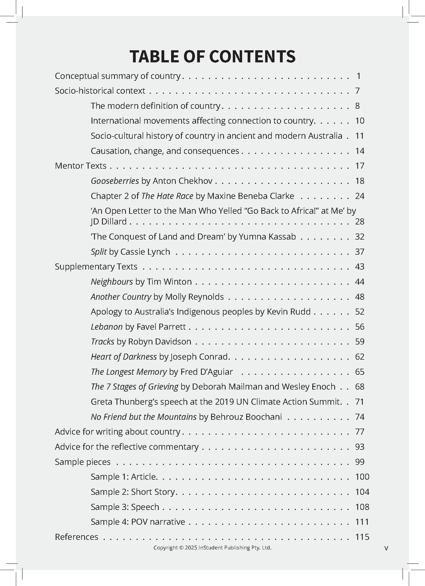 VCE English Frameworks Guide by ATAR Notes, displaying a white page with the bold "TABLE OF CONTENTS" and various sections listed with page numbers.