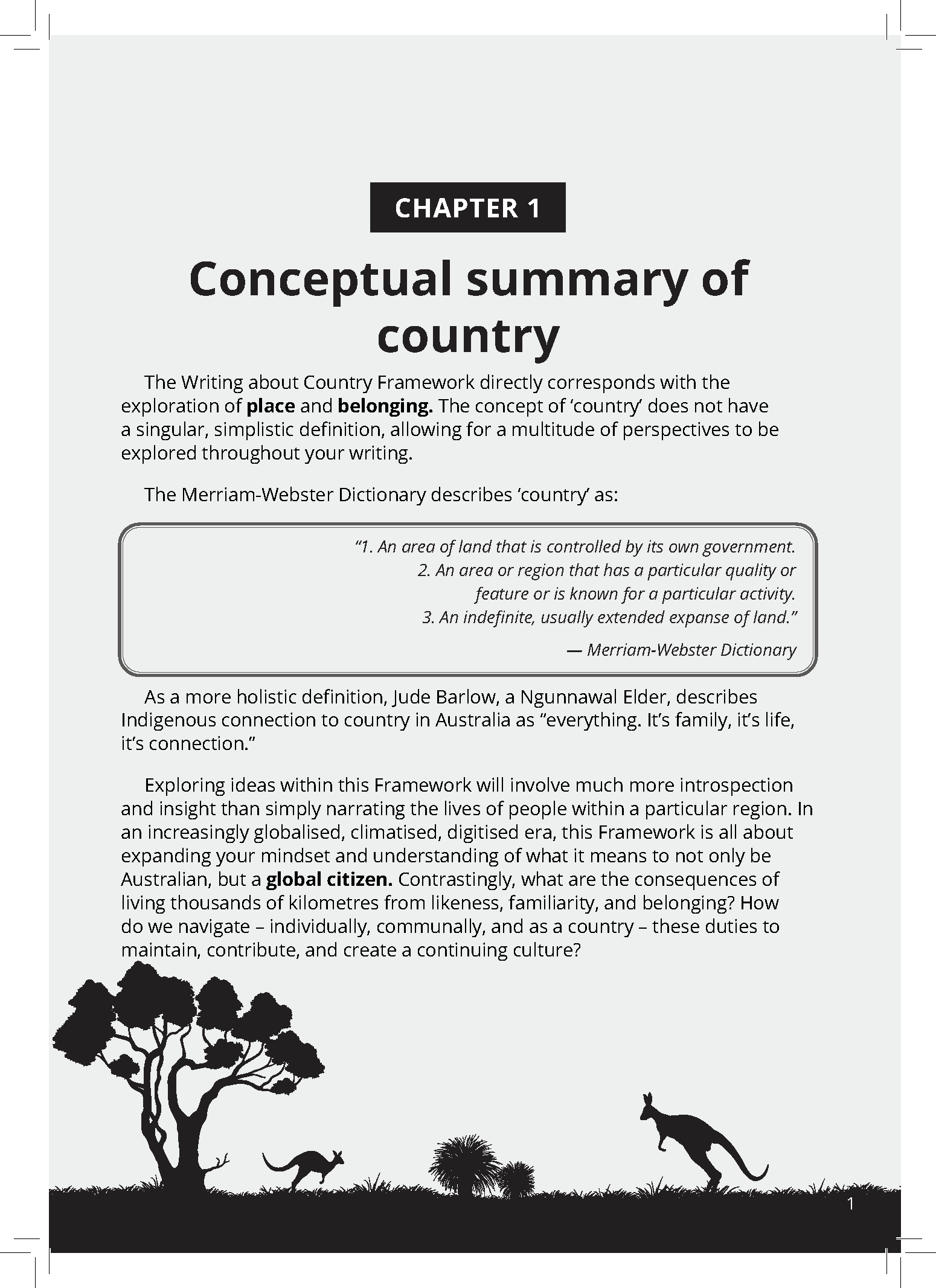 VCE English Frameworks Guide by ATAR Notes, displaying a page about 'country' with definitions, text, and Australian landscape and animal silhouettes.