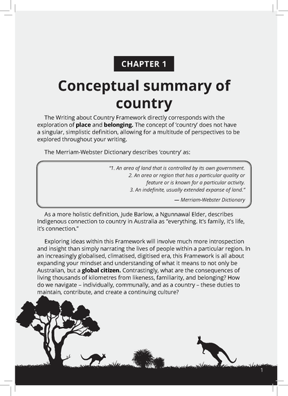 VCE English Frameworks Guide by ATAR Notes, displaying a page about 'country' with definitions, text, and Australian landscape and animal silhouettes.