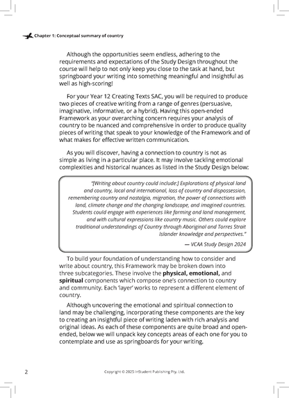 Frameworks Guide by ATAR Notes, showing a page with chapter title 'Conceptual summary of country' and text about emotional and spiritual connections.