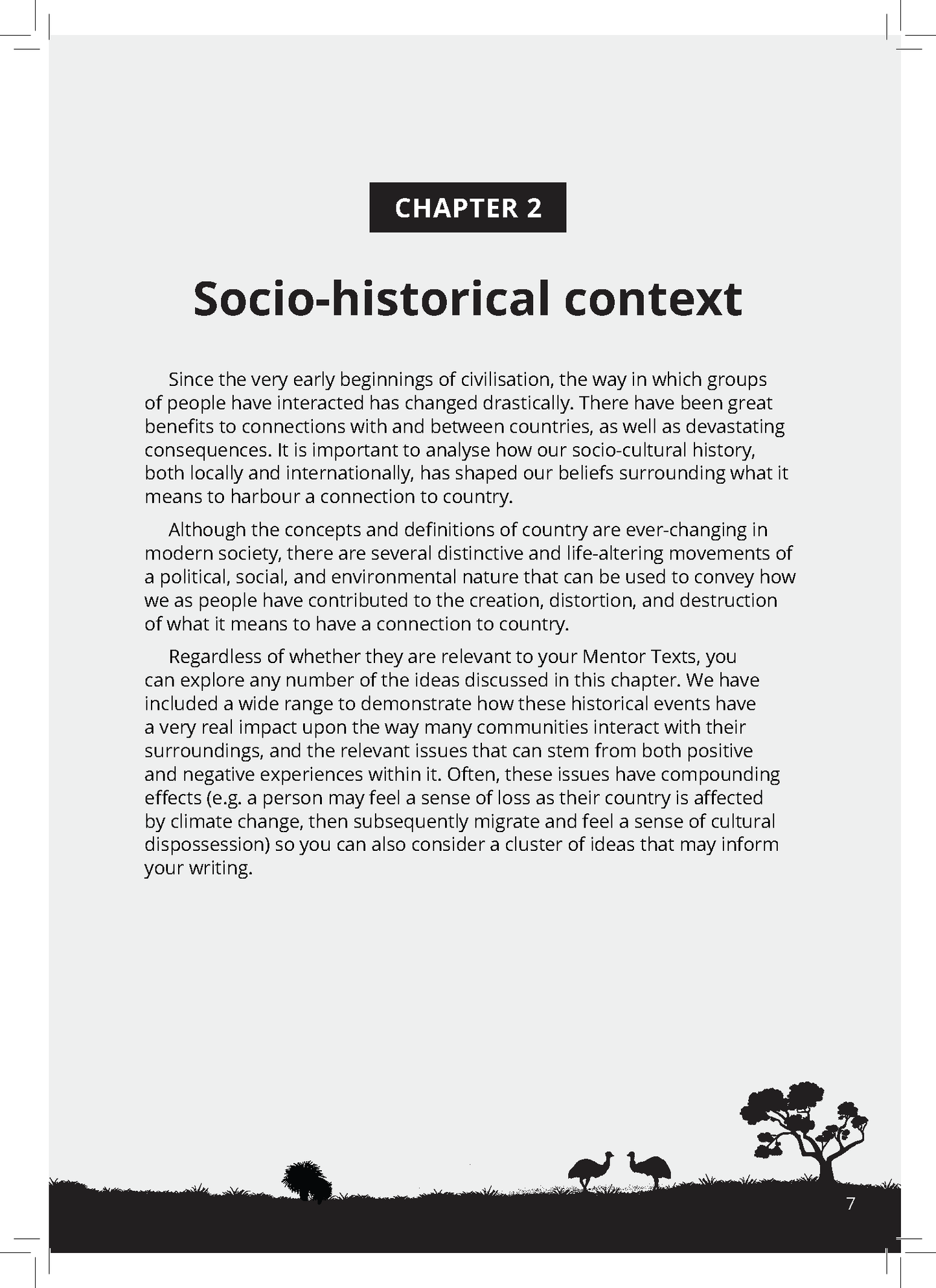 Page 7 from an English 3&4 Frameworks Guide by ATAR Notes, with "Socio-historical context" title and emu illustrations.