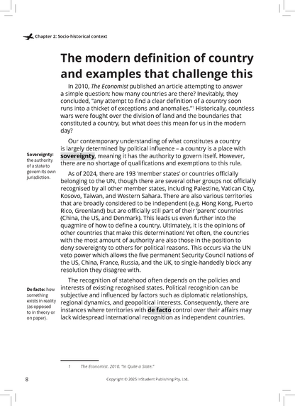 VCE English Text Guide by ATAR Notes showing a page on country definition with side-notes and an airplane icon.