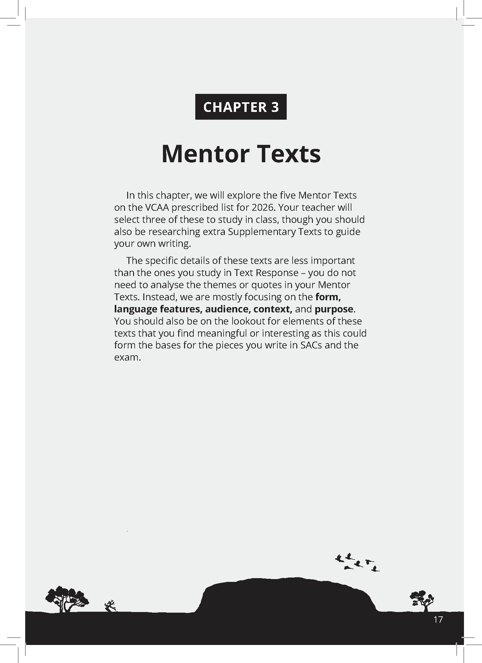 White VCE English Frameworks Guide page by ATAR Notes, showing Chapter 3 'Mentor Texts' and a landscape illustration.