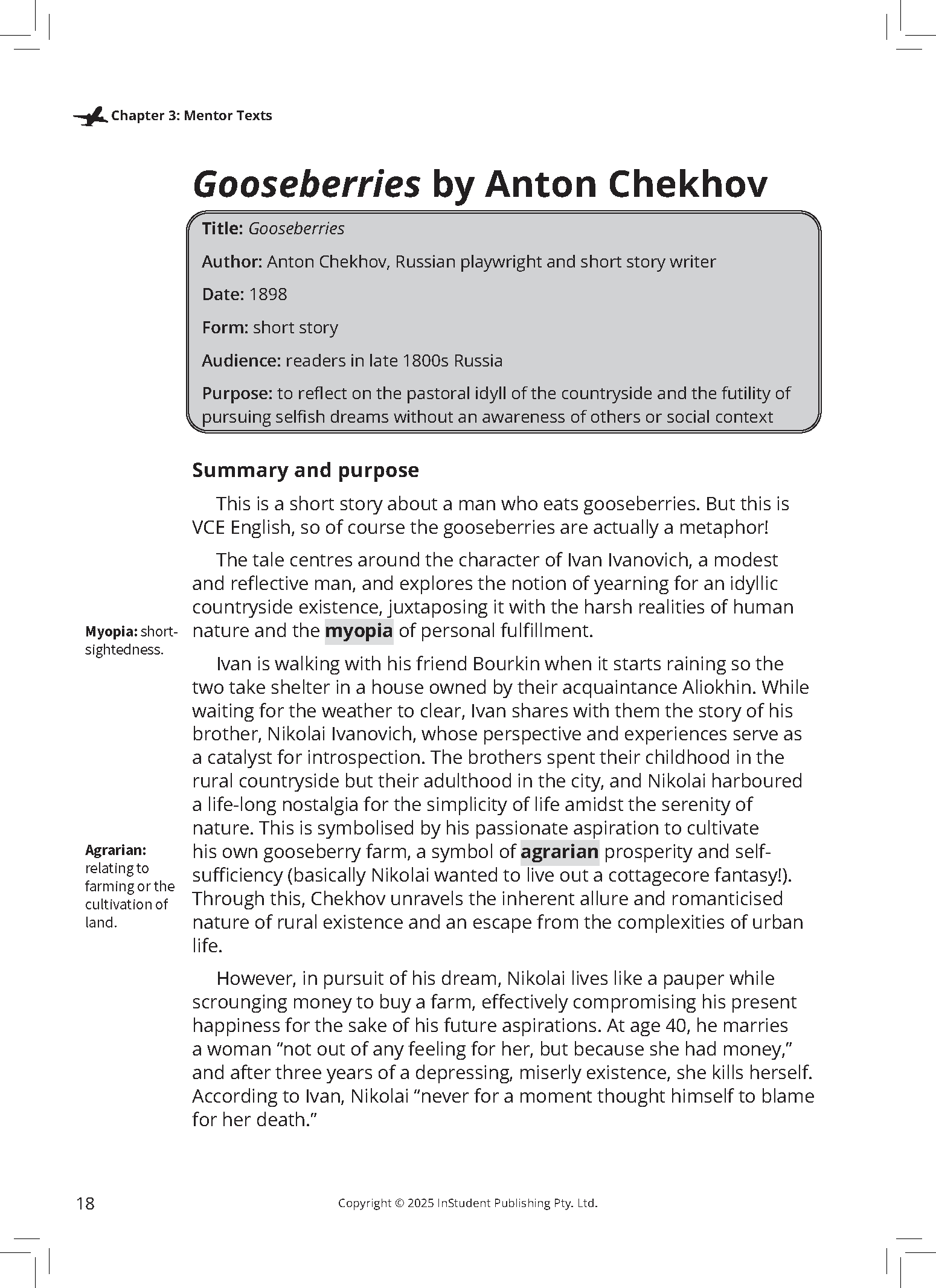Open VCE English text guide by ATAR Notes, displaying a page with text about Anton Chekhov's 'Gooseberries'.