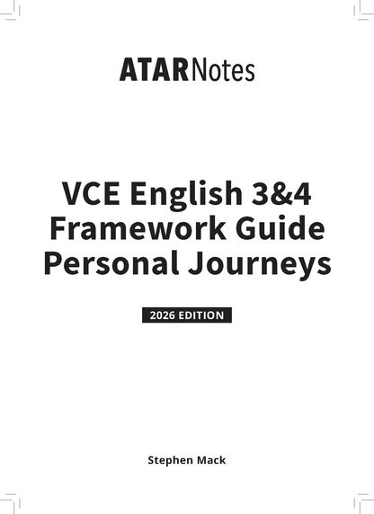 VCE English 3&4 Framework Guide by ATAR Notes, titled 'Personal Journeys 2026 Edition', with Stephen Mack listed as author.