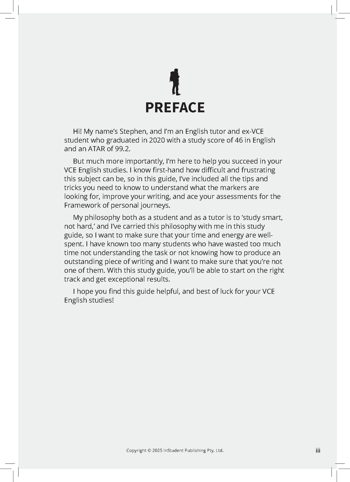 VCE English Text Guide by ATAR Notes, showing its white open Preface page with black text and a small graphic of a person with a backpack.