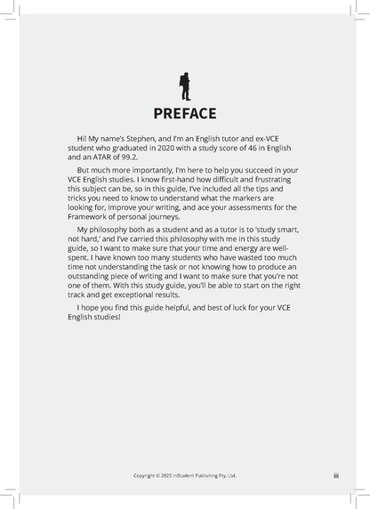 VCE English Text Guide by ATAR Notes, showing its white open Preface page with black text and a small graphic of a person with a backpack.