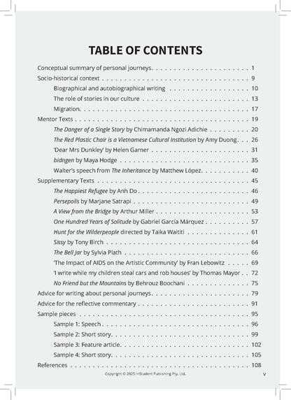 English frameworks guide page by ATAR Notes, displaying the Table of Contents with listed topics and page numbers.