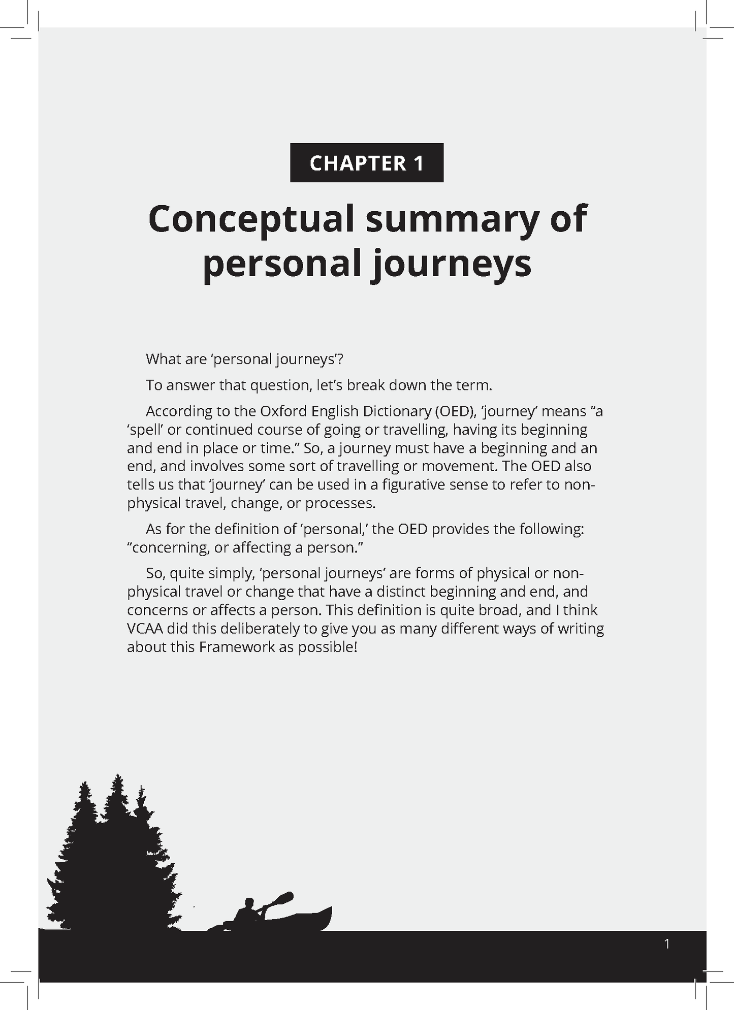 A page from the VCE English Text Guide by ATAR Notes, featuring Chapter 1 on personal journeys with text definitions and a kayak silhouette.