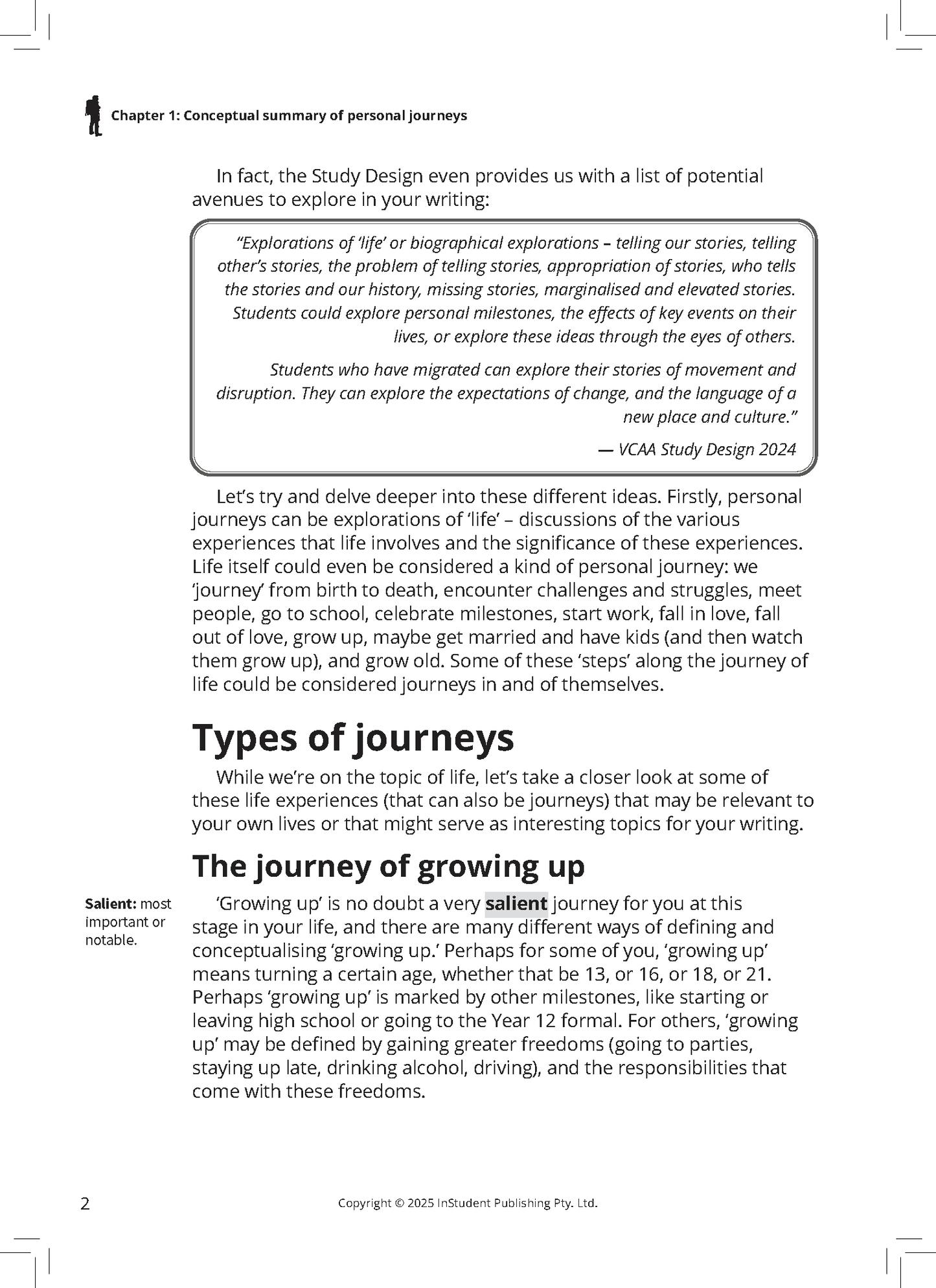 White page from a VCE English 3&4 Frameworks Guide by ATAR Notes, showing text about personal journeys and growing up.