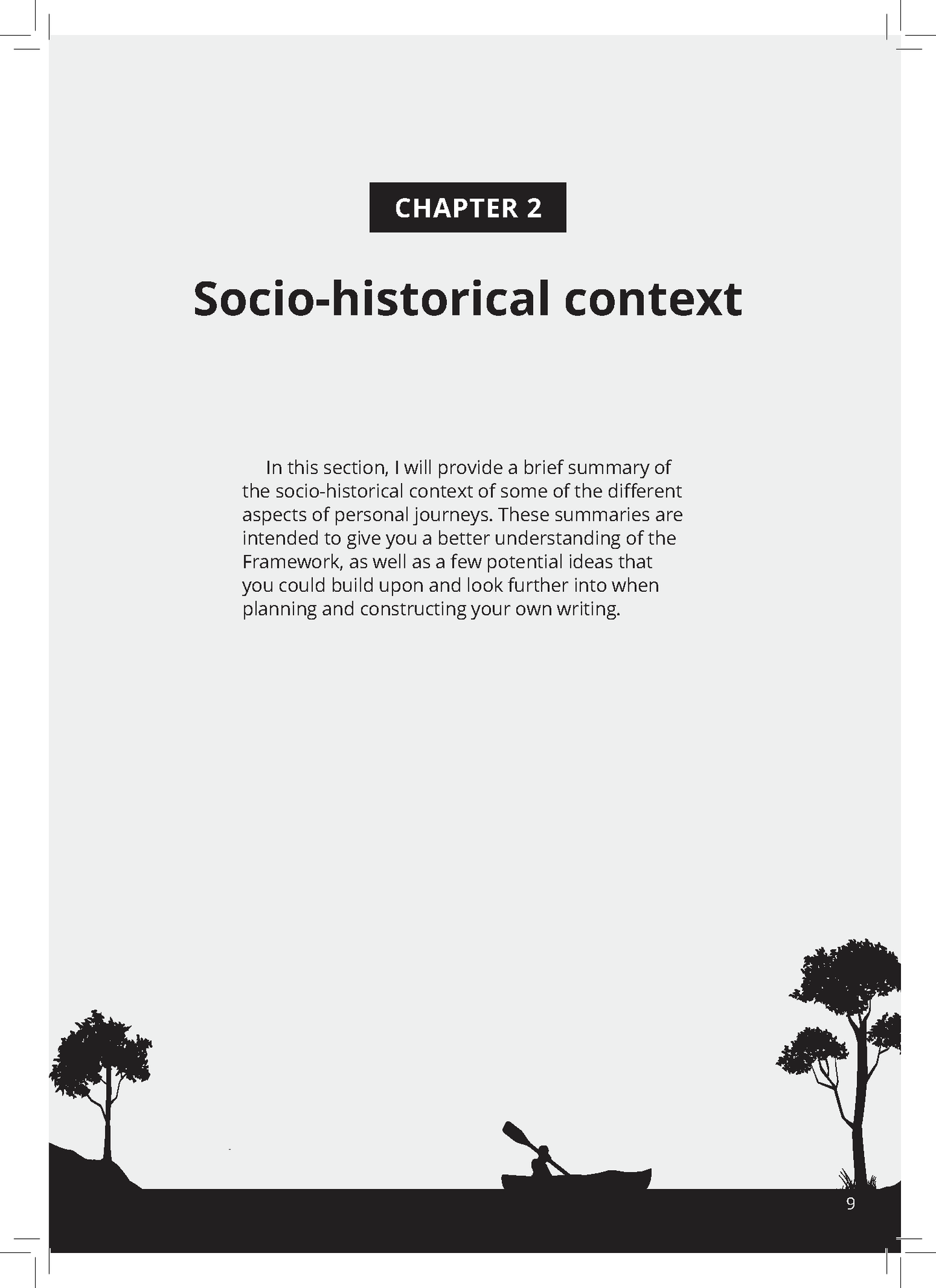 English Text Guide page by ATAR Notes, showing "CHAPTER 2 Socio-historical context" and a kayaking illustration.
