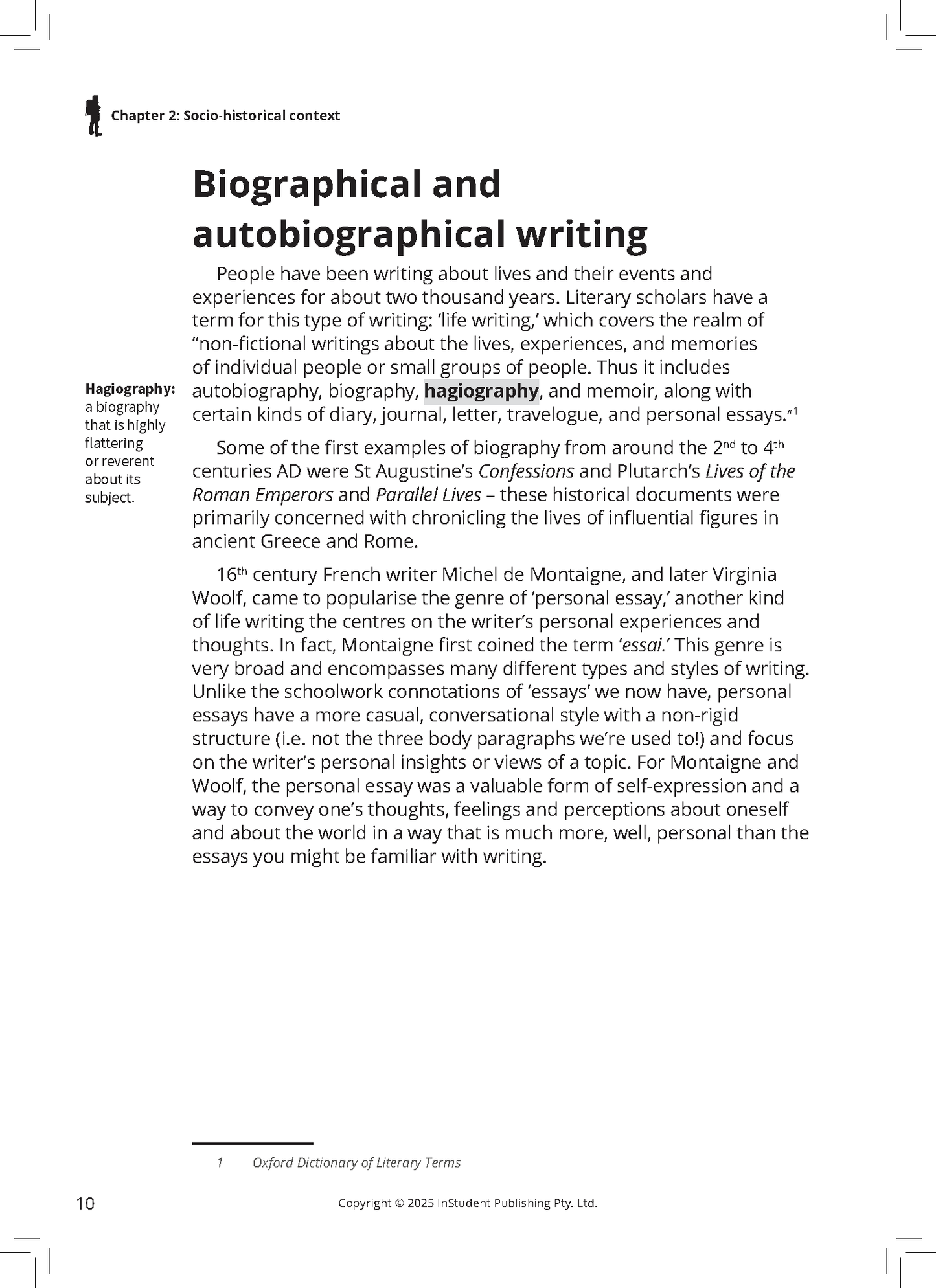 White page from a Frameworks guide by ATAR Notes, displaying a chapter on biographical and autobiographical writing with a Hagiography definition.