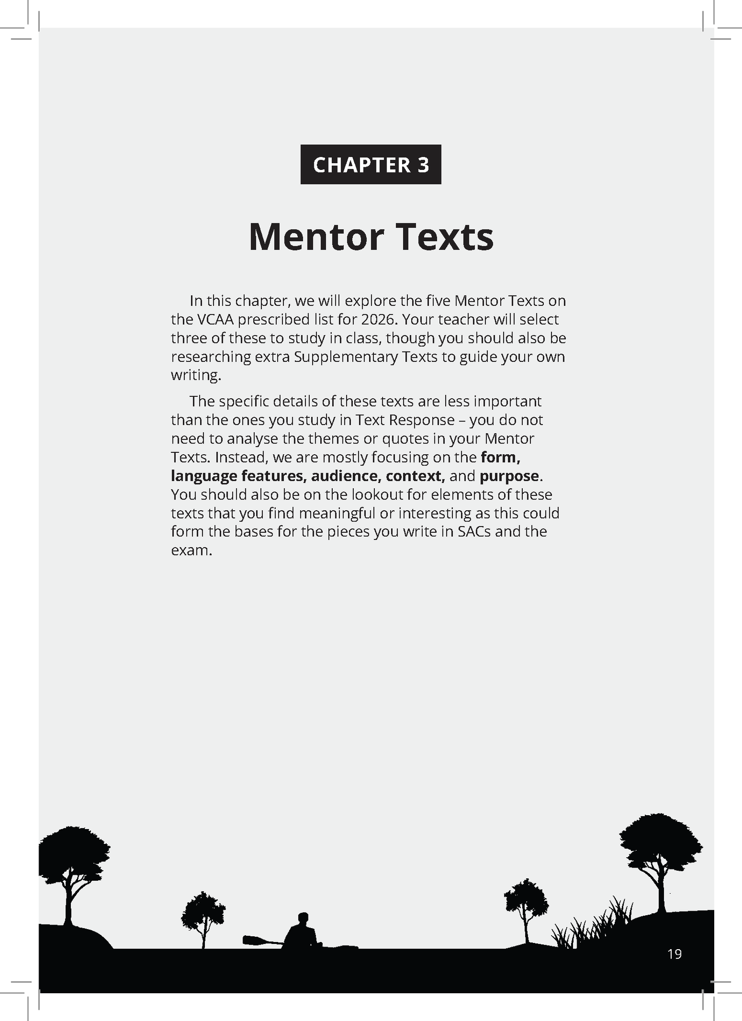 White VCE English Text Guide page by ATAR Notes, displaying 'Chapter 3 Mentor Texts' and a black silhouette of a person kayaking.