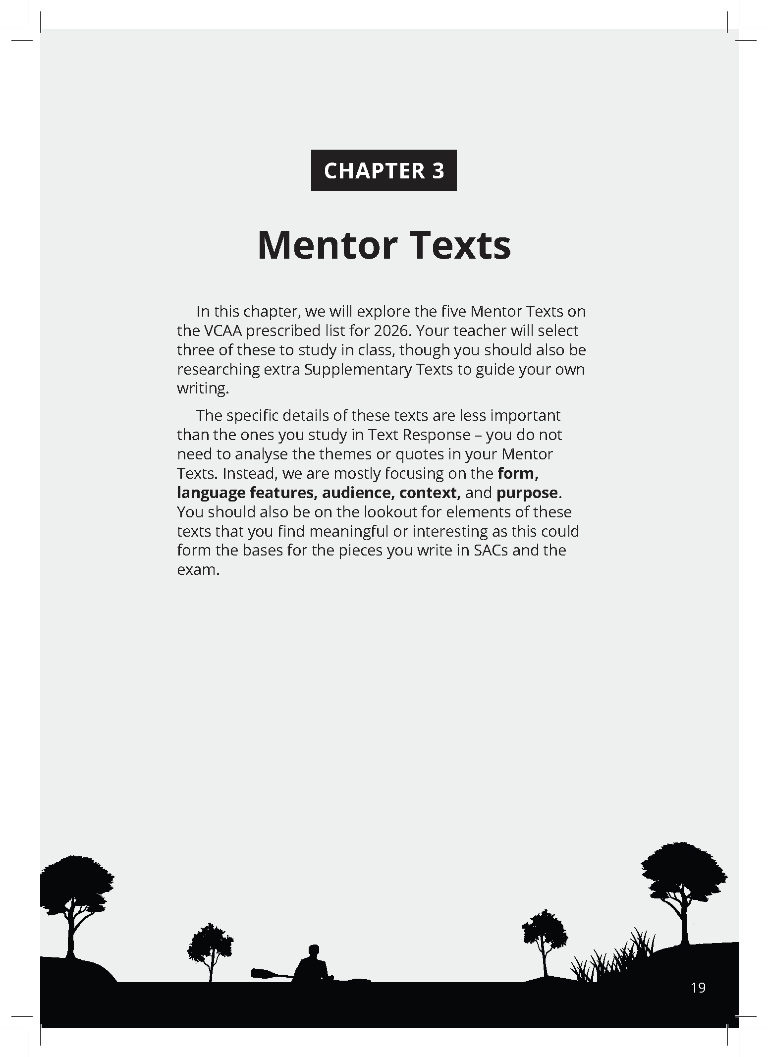 White VCE English Text Guide page by ATAR Notes, displaying 'Chapter 3 Mentor Texts' and a black silhouette of a person kayaking.