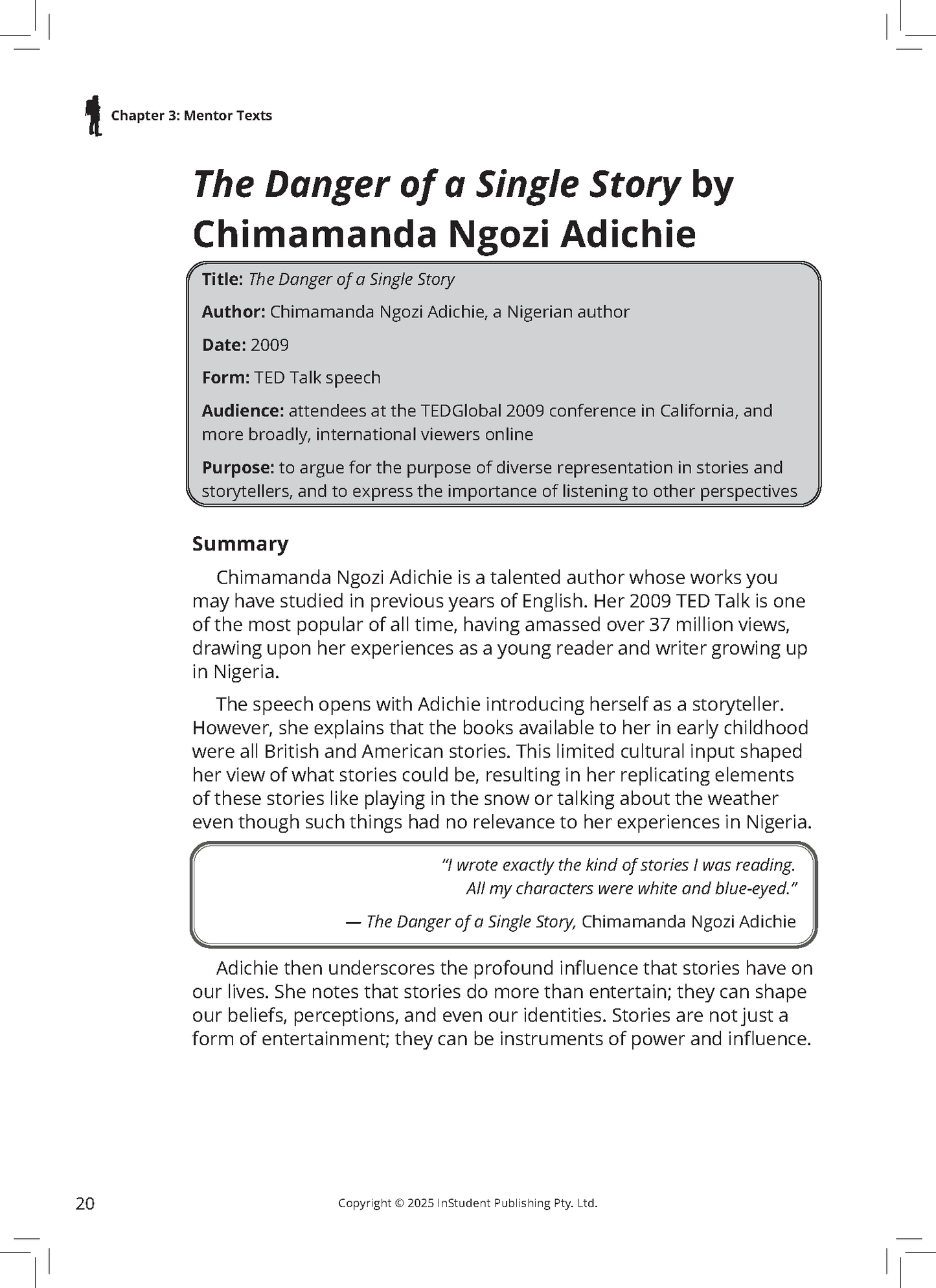 VCE English Text Guide by ATAR Notes, open to a page detailing 'The Danger of a Single Story' with a summary and quote.