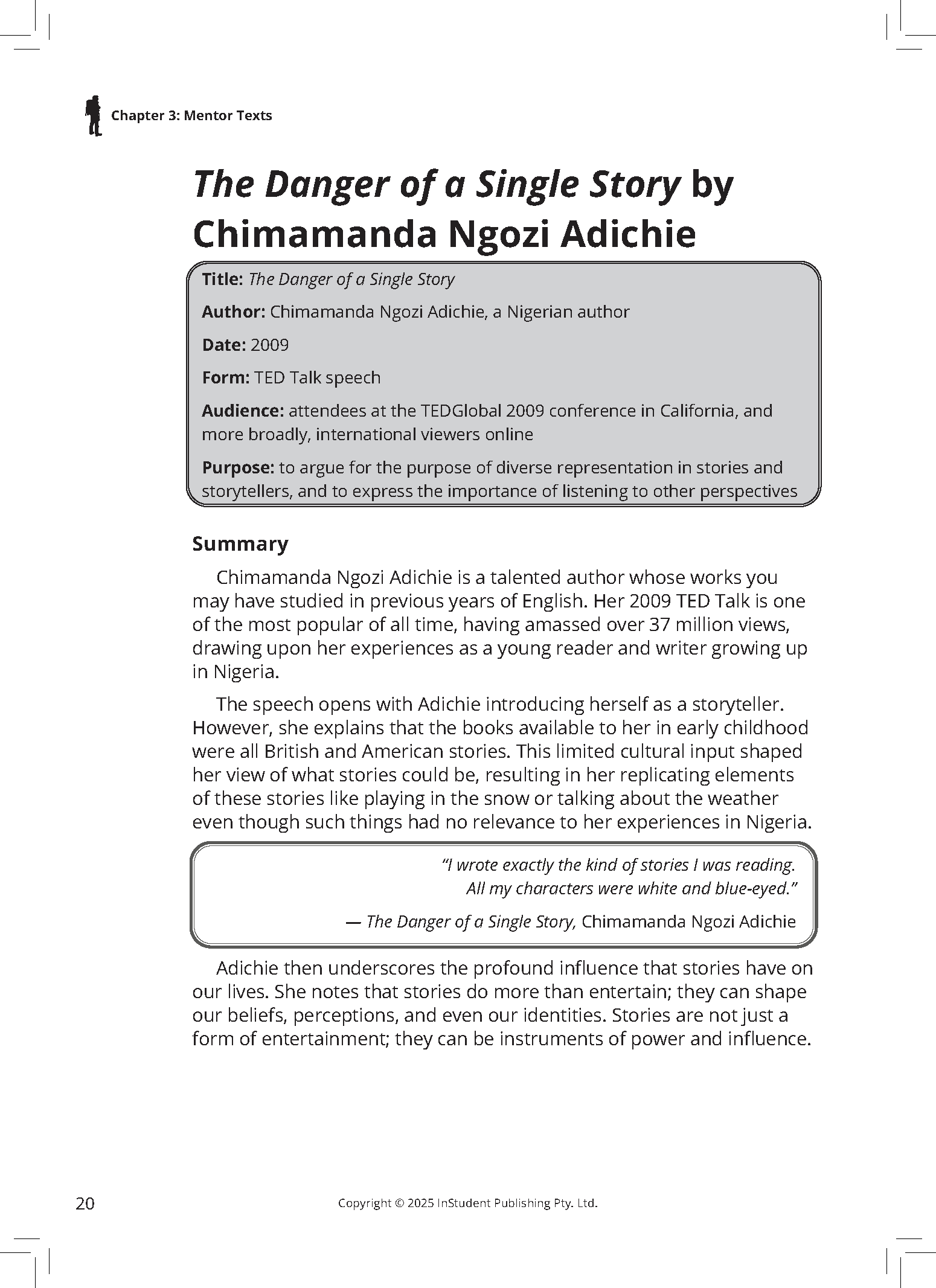 VCE English Text Guide by ATAR Notes, open to a page detailing 'The Danger of a Single Story' with a summary and quote.