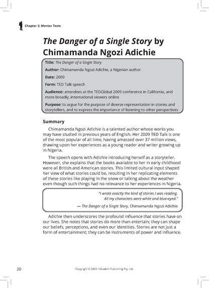 VCE English Text Guide by ATAR Notes, open to a page detailing 'The Danger of a Single Story' with a summary and quote.