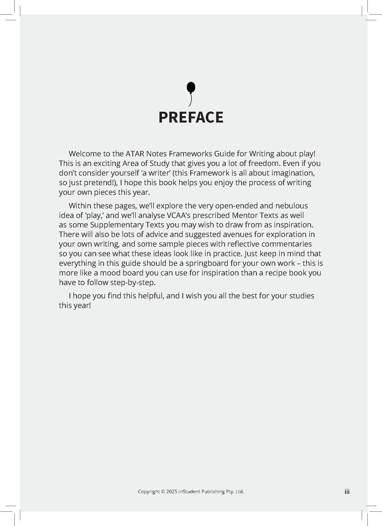 English Text Guide by ATAR Notes, a white page with black "PREFACE" title, a black balloon icon, introductory text, and copyright details.
