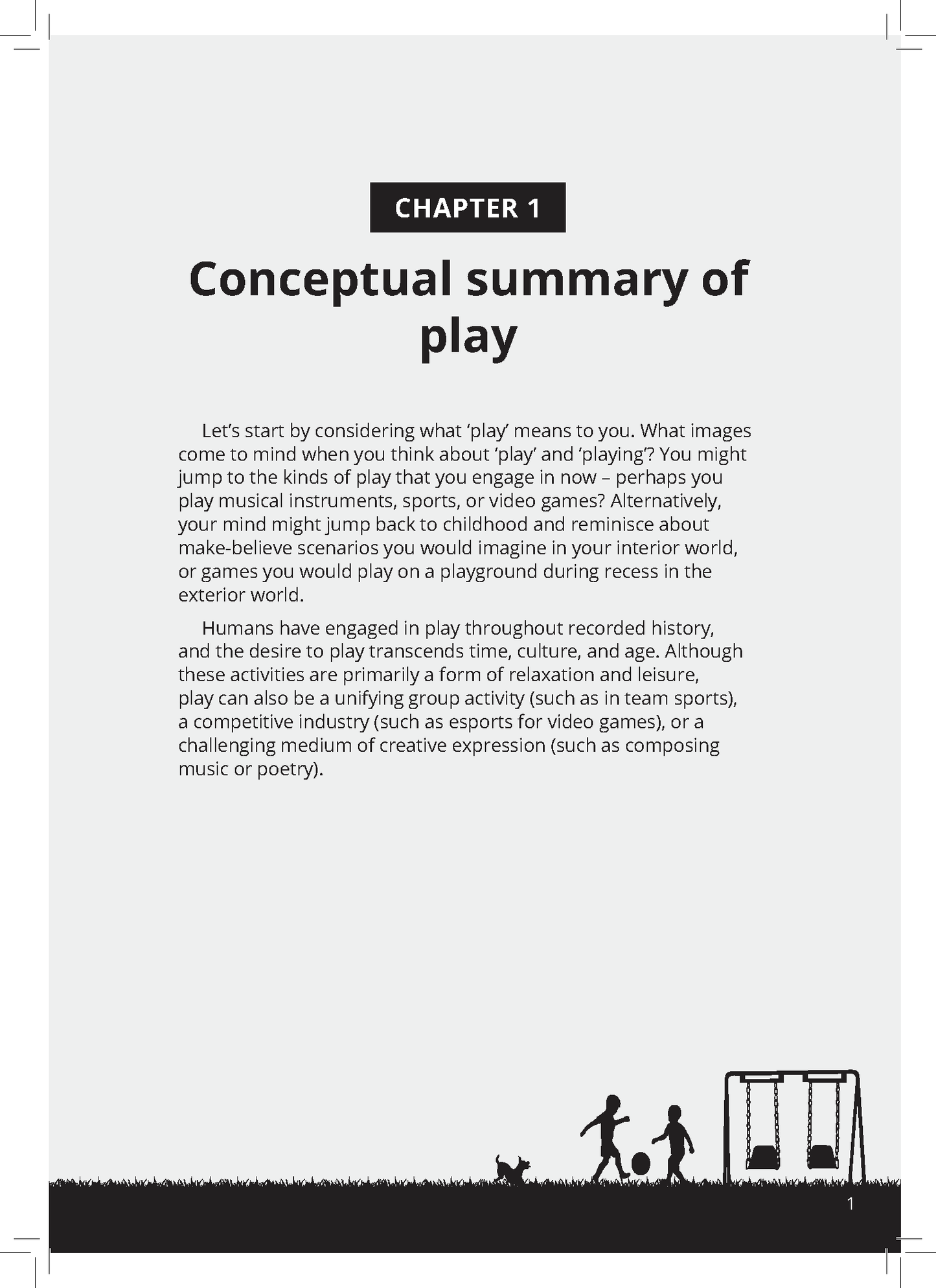 An open page from a VCE English Text Guide by ATAR Notes, displaying "Chapter 1 Conceptual summary of play" text and a silhouette illustration of children playing.