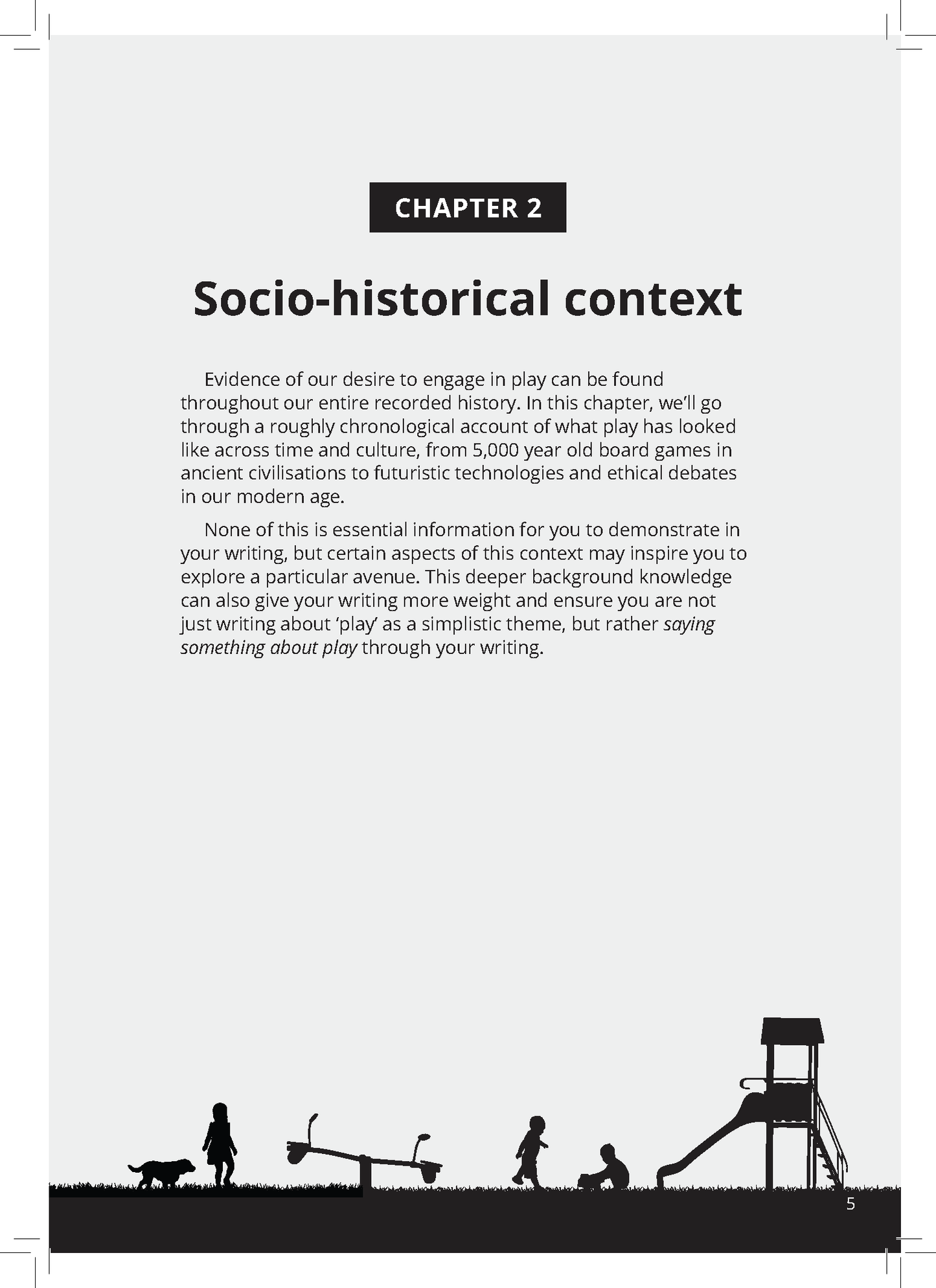 English guide about writing about play by ATAR Notes, displaying a chapter page with text and silhouettes of children and a dog.