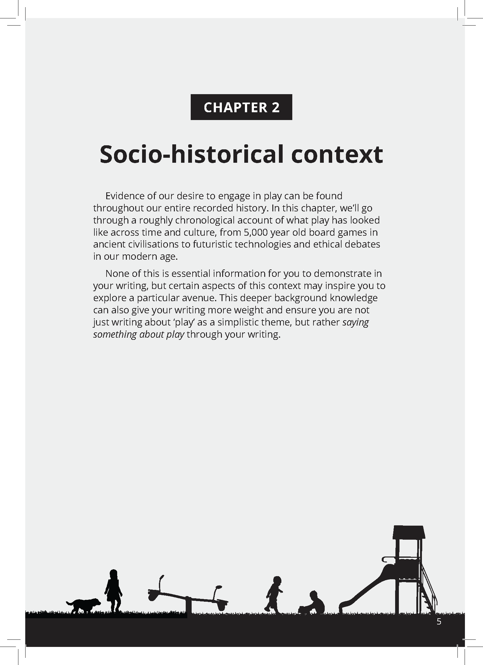 English guide about writing about play by ATAR Notes, displaying a chapter page with text and silhouettes of children and a dog.
