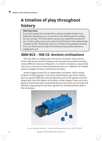 English Frameworks Guide by ATAR Notes, showing a page on ancient play history and a blue Senet game.