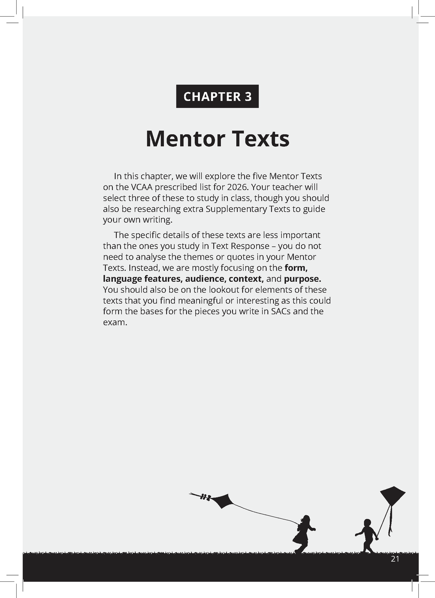 VCE English Frameworks Guide by ATAR Notes, open to Chapter 3 'Mentor Texts' with children flying kites illustration.