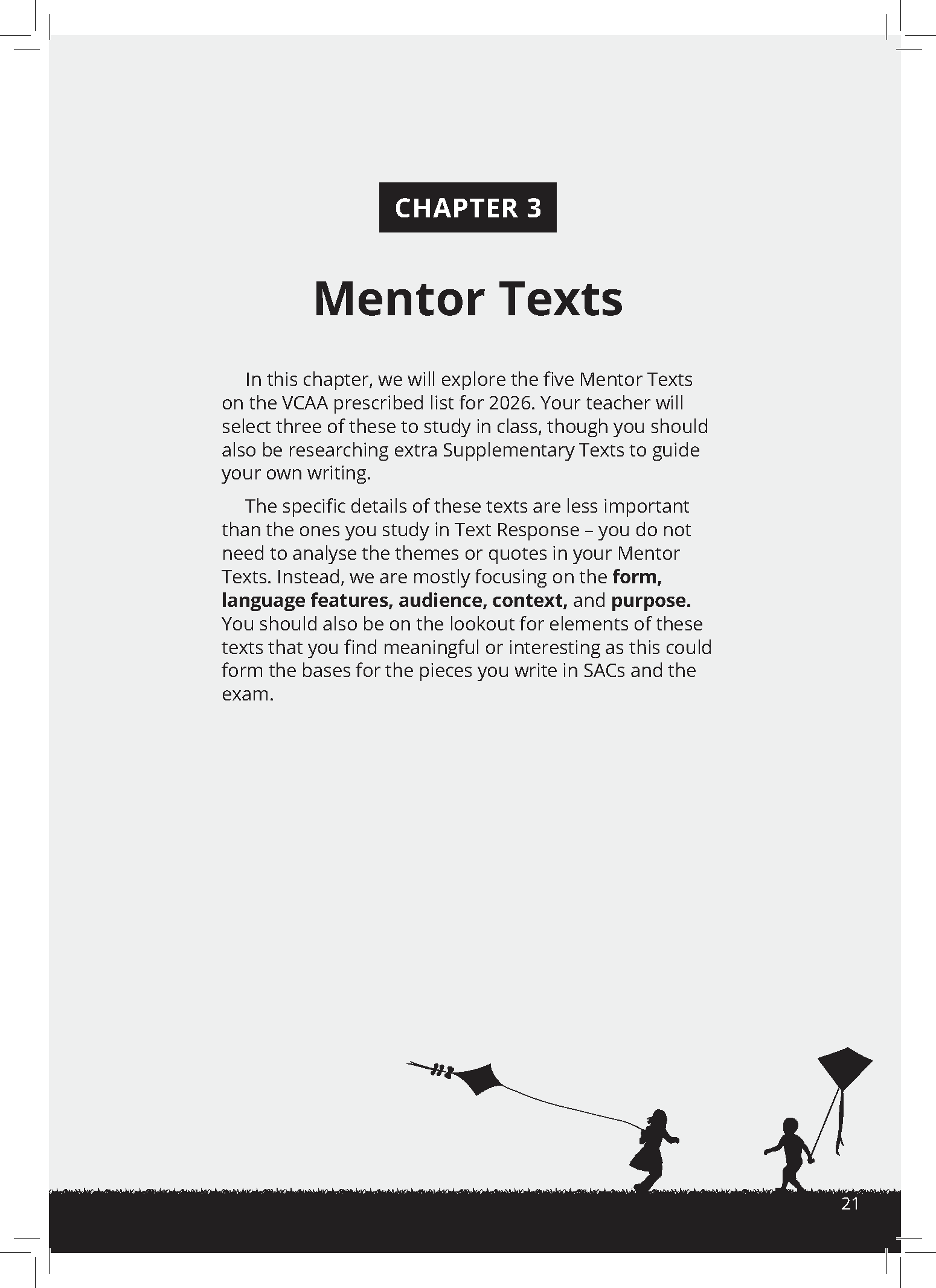 VCE English Frameworks Guide by ATAR Notes, open to Chapter 3 'Mentor Texts' with children flying kites illustration.