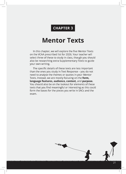 VCE English Frameworks Guide by ATAR Notes, open to Chapter 3 'Mentor Texts' with children flying kites illustration.