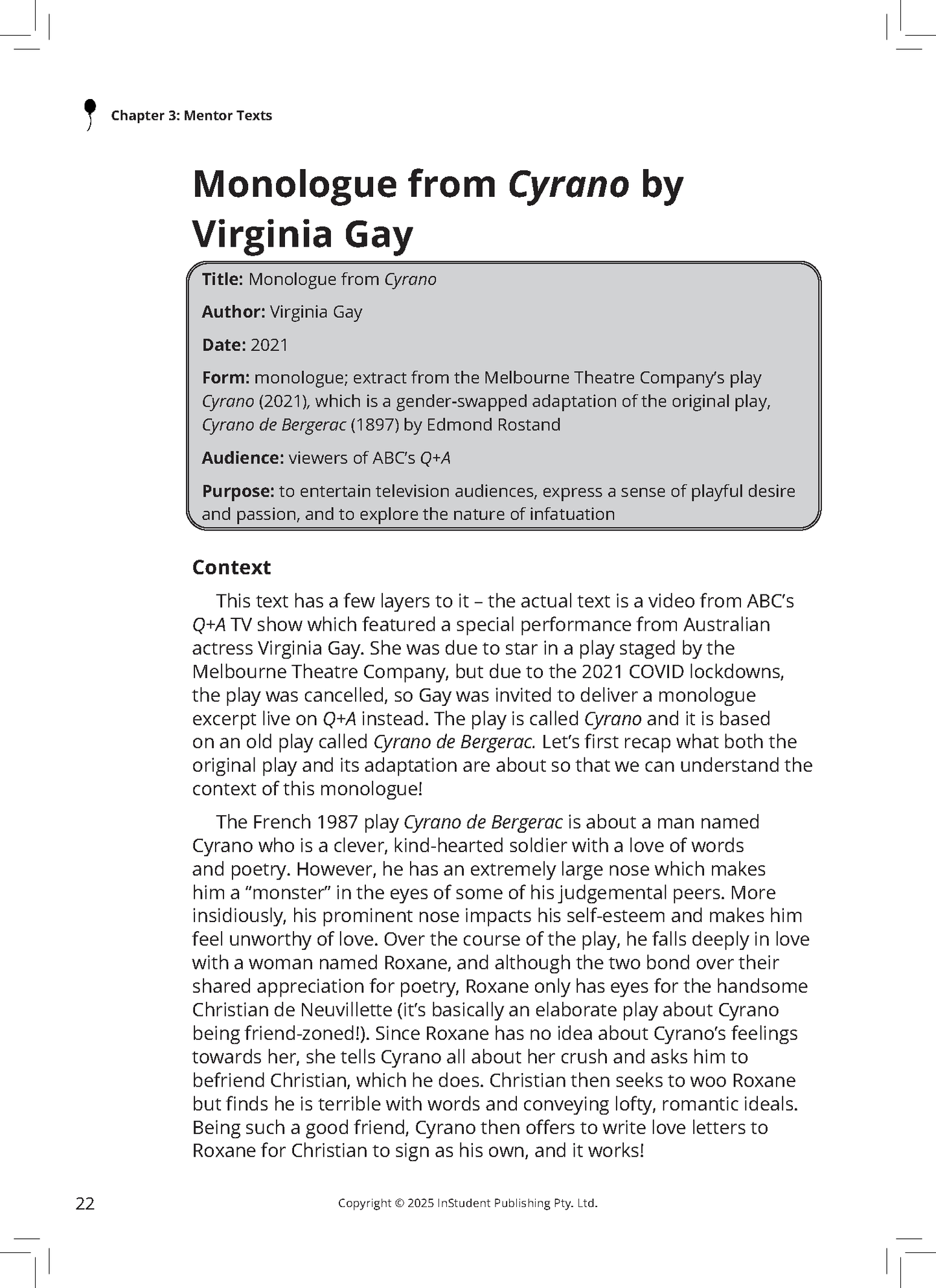 VCE English Frameworks Guide by ATAR Notes, featuring a page on a Cyrano monologue.