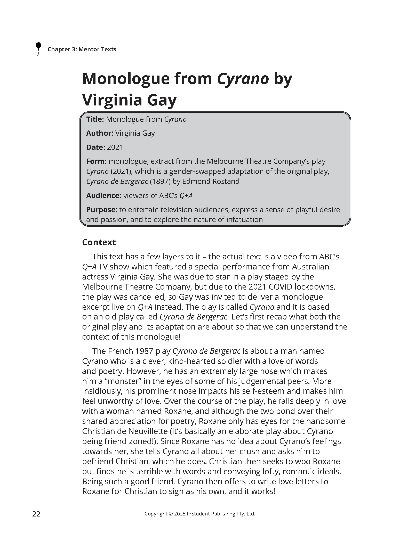 VCE English Frameworks Guide by ATAR Notes, featuring a page on a Cyrano monologue.