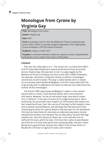 VCE English Frameworks Guide by ATAR Notes, featuring a page on a Cyrano monologue.